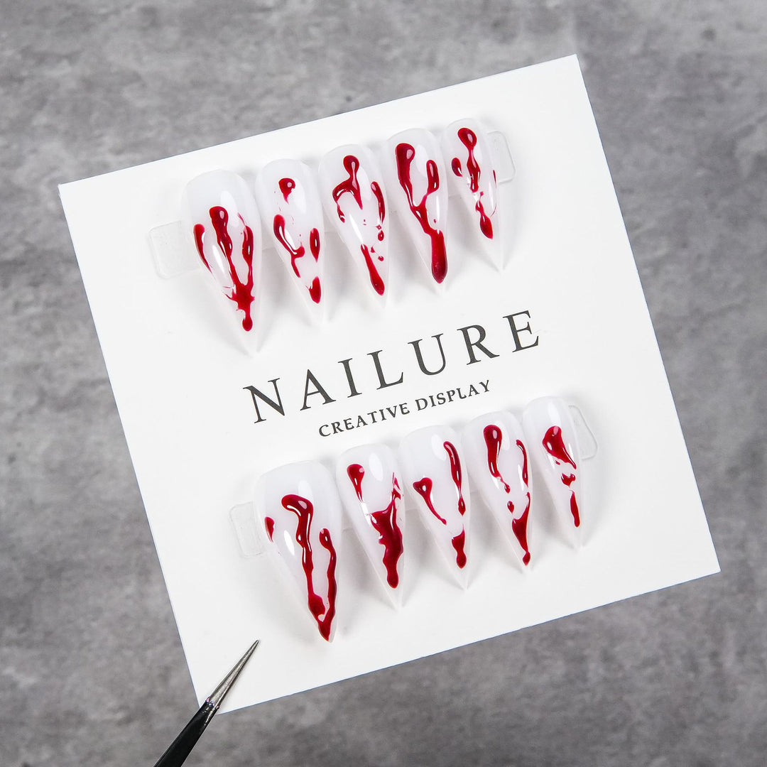 Artistic Press-On Nail Art Set with Dripped Red Design