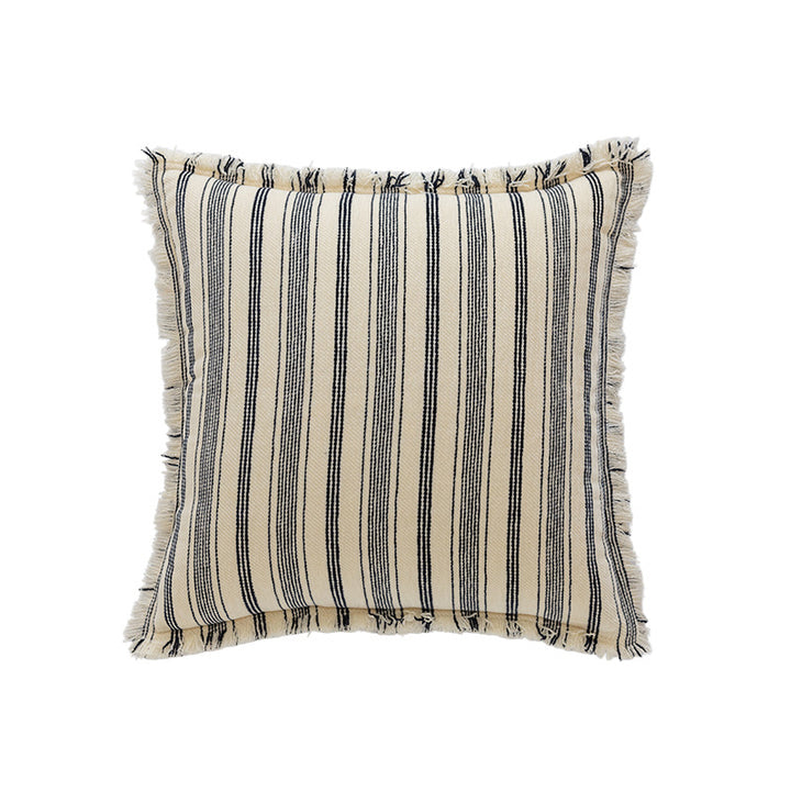 Square Woven Cotton Stripe Accent Pillow with Fringed Border and Removable Cover