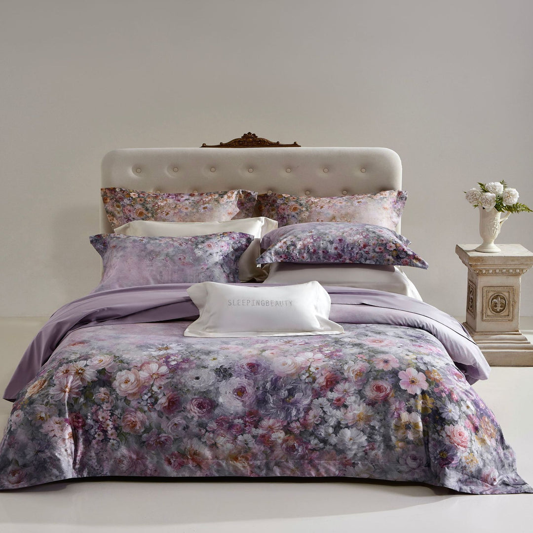 Luxury Floral Cotton Sateen Duvet Cover Set with Contrast Hem and Pillow Shams