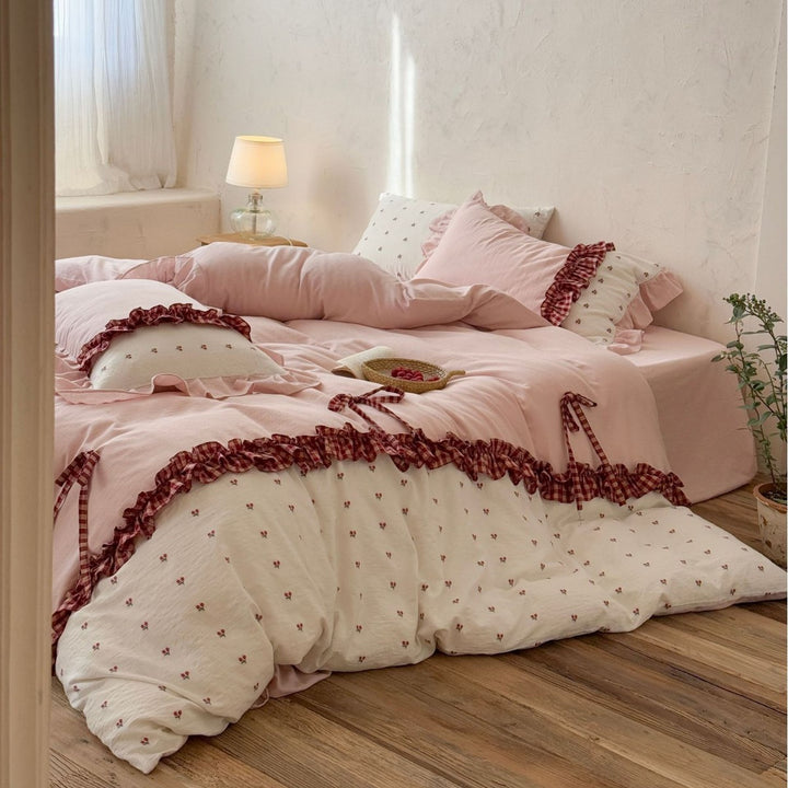 Ruffled Cotton Sateen Duvet Cover Set with Micro Floral Print and Check-Tie Trim