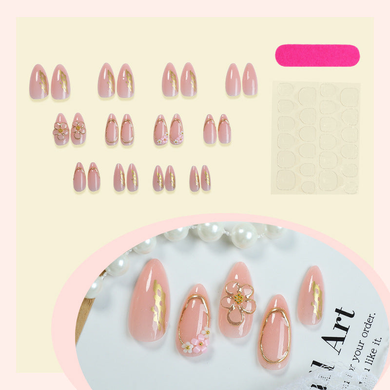 Decorative Press-On Nail Art Set with Elegant Floral and Gold Accents Stornfield