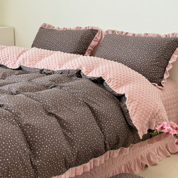 Floral Cotton Duvet Cover Set with Velvet-Trimmed Ruffled Shams and Plush Minky Throw