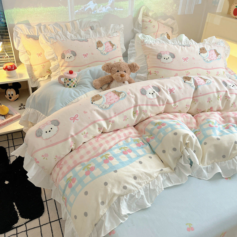 Frilled-Edge Pastel Storybook Print Cotton Duvet Cover and Sham Set