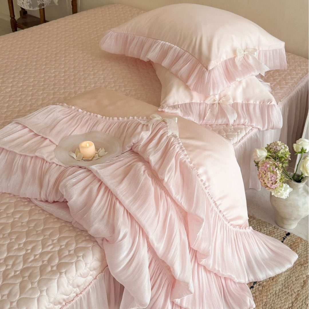 Ruffled Layered Satin Bedspread and Pillow Sham Set with Frilled Edges