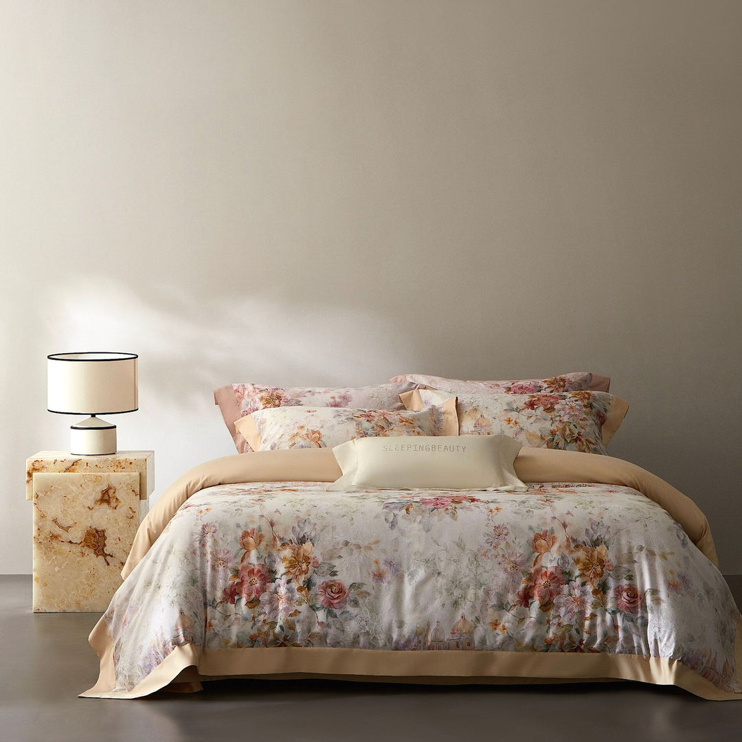 Luxury Floral Cotton Sateen Duvet Cover Set with Contrast Hem and Pillow Shams