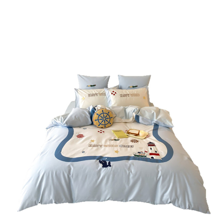 Children's Nautical Embroidered Cotton-Sateen Duvet Cover Bedding Set with Lighthouse & Ship Motifs
