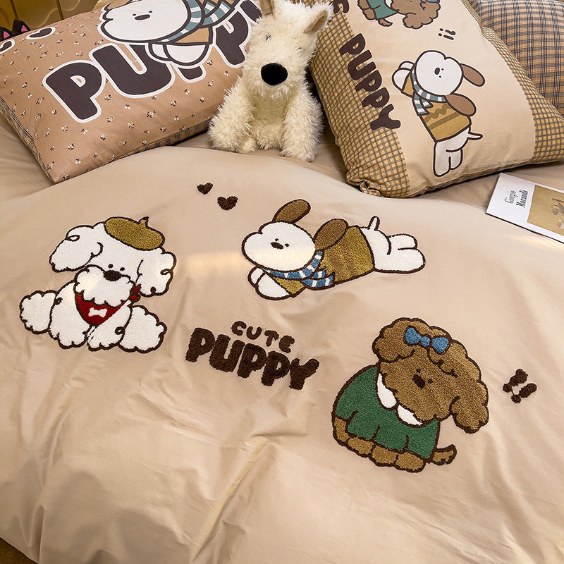 Cartoon Puppy Embroidered Cotton Duvet Cover Bedding Set with Plaid Accents