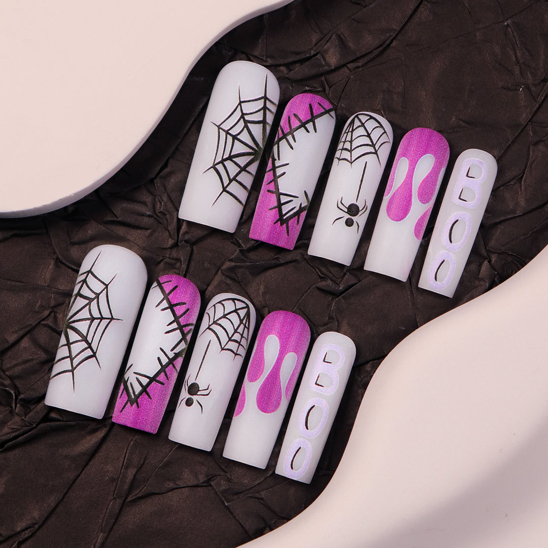 Halloween-Themed Long Press-On Nails with Spider and Drip Design Stornfield