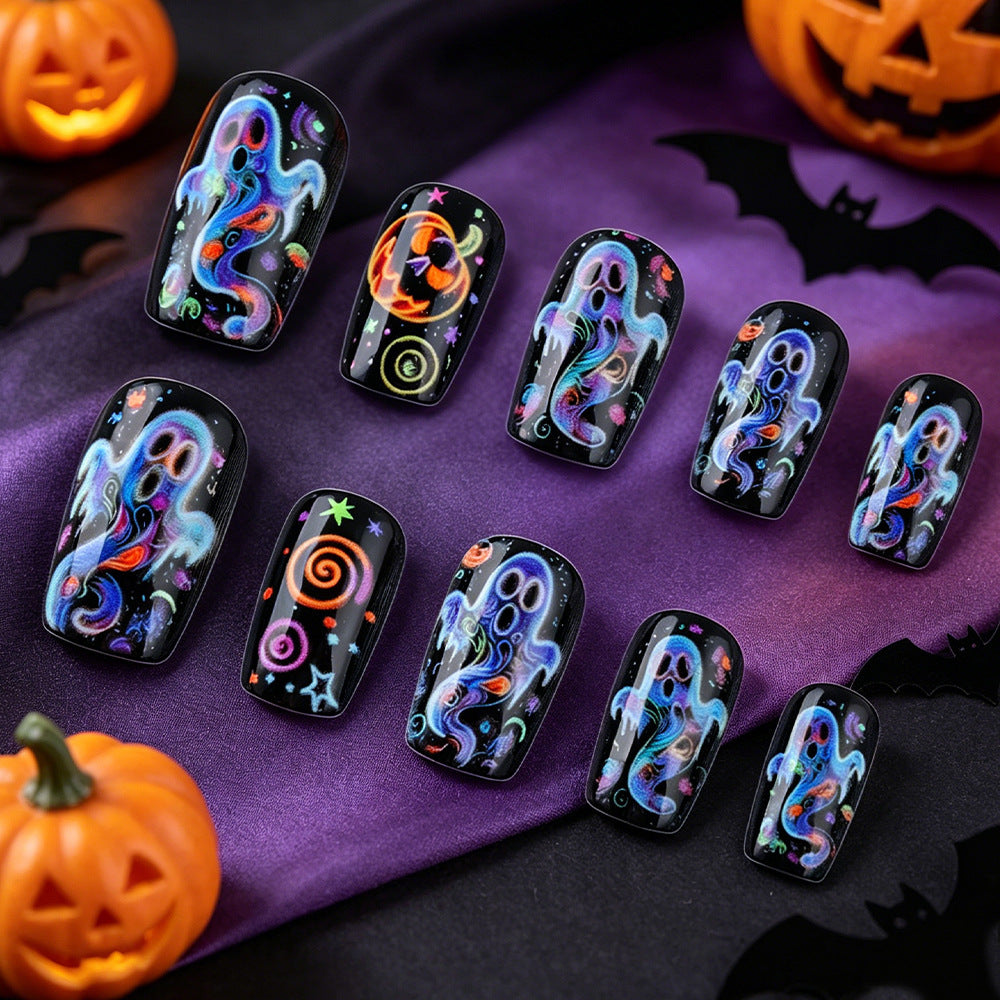 Artistic Halloween-Themed Press-On Nail Design Stornfield