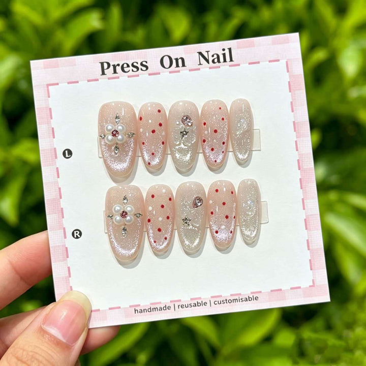 Decorative Press-On Nail Set with Floral and Shimmer Accents