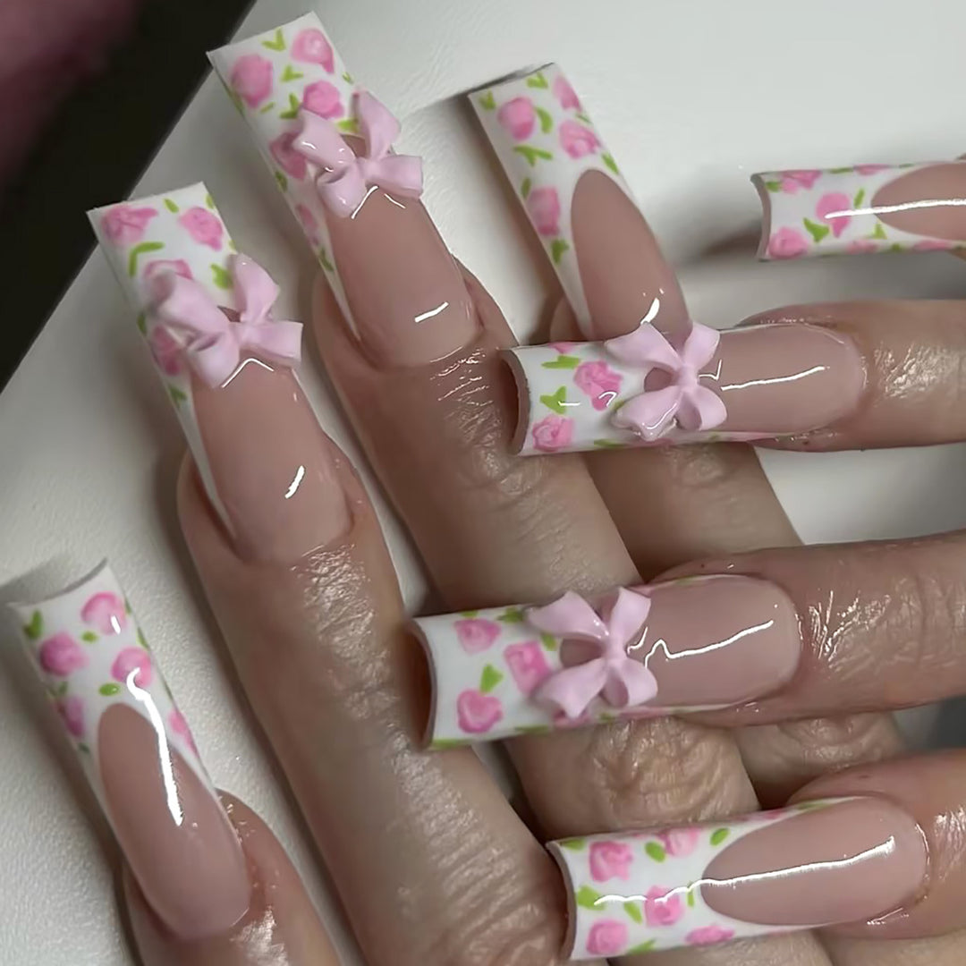 Floral Bow-Design Long Press-On Nails Stornfield