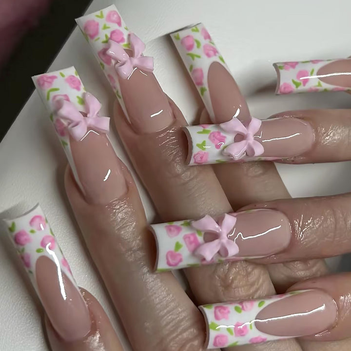 Floral Bow-Design Long Press-On Nails Stornfield
