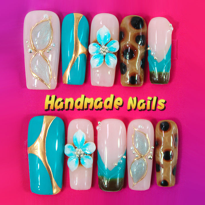 Artificial Nails Set with Handmade Glitter and Flower Designs Stornfield