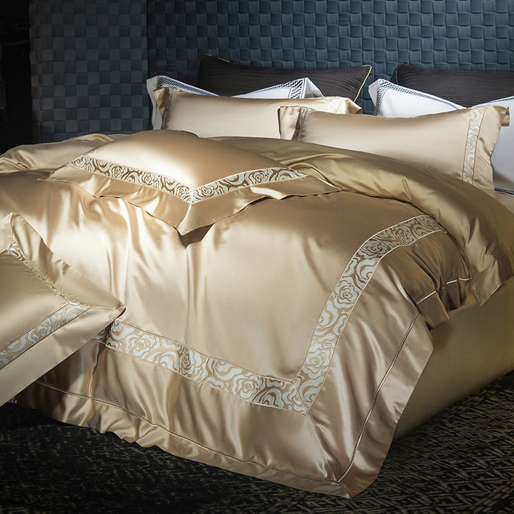 Luxury Satin Duvet Cover Set with Floral Jacquard Border