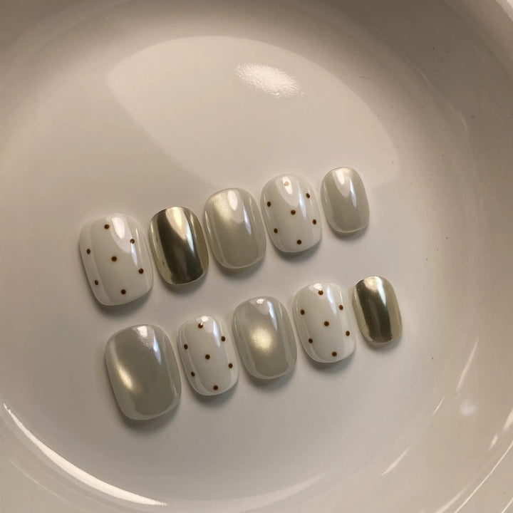 Press-On Nail Art Set with Elegant Dot and Metallic Accents