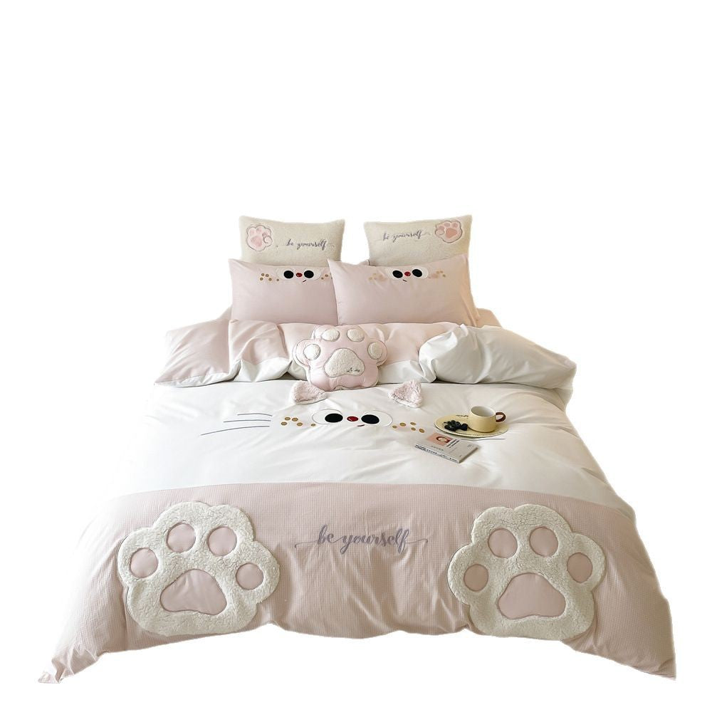 Whimsical Cat-Face Duvet Cover Set with Paw-Shaped Plush Accent Pillow