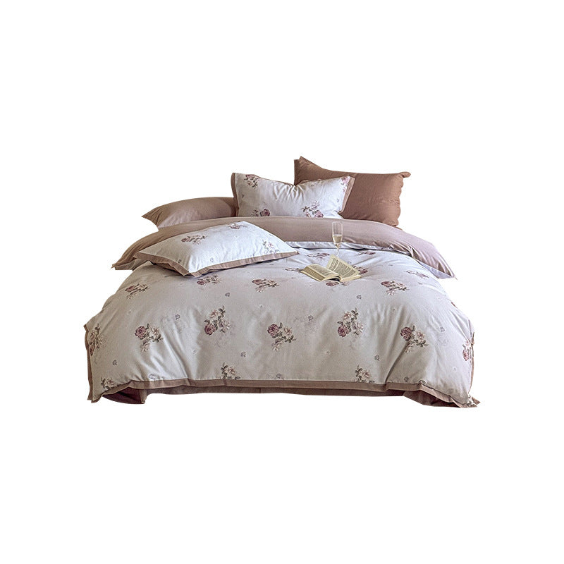 Romantic Cotton Sateen Reversible Duvet Cover Set with Scattered Rose Print and Piped Hem