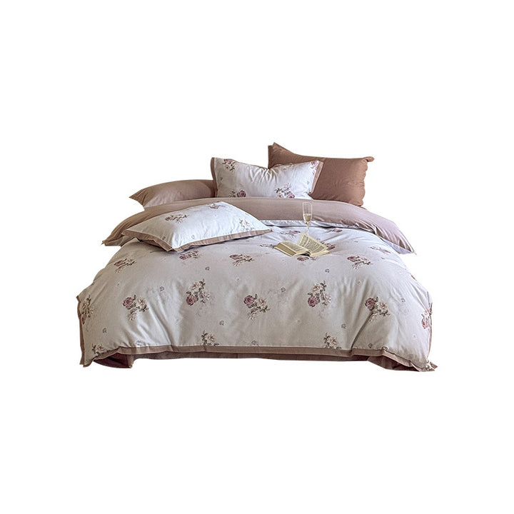 Romantic Cotton Sateen Reversible Duvet Cover Set with Scattered Rose Print and Piped Hem