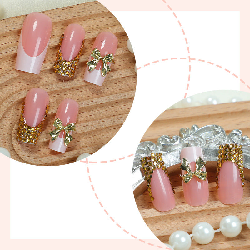 Decorative Press-On Nail Art Set with Elegant Bow and Gem Accents Stornfield