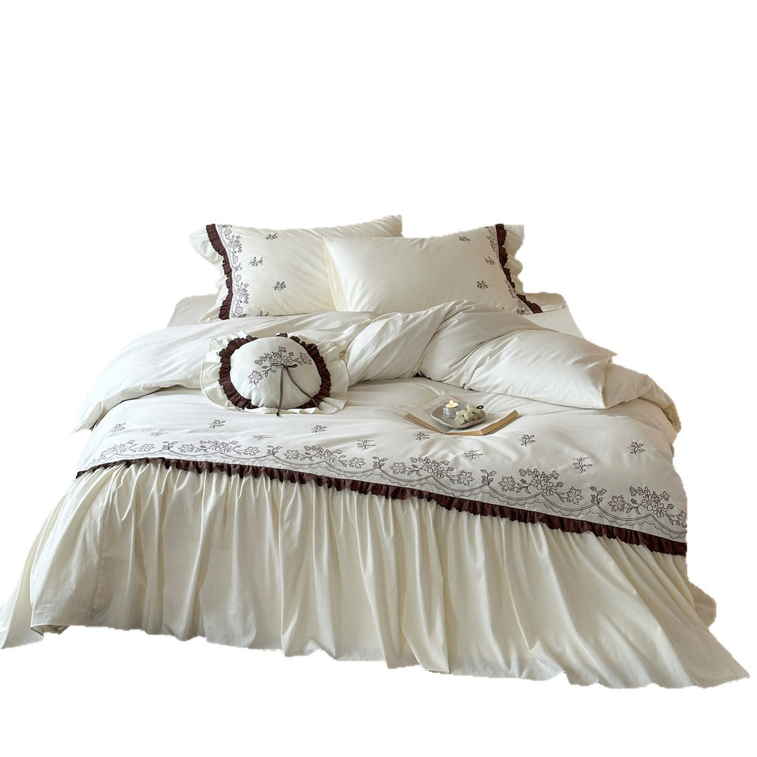 Embroidered Floral Sateen Duvet Cover with Ruffled Bed Skirt and Decorative Shams