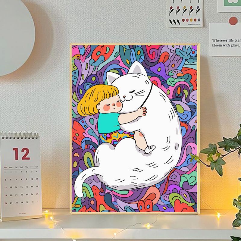 Playful Cat and Girl Illustration Canvas Art Stornfield