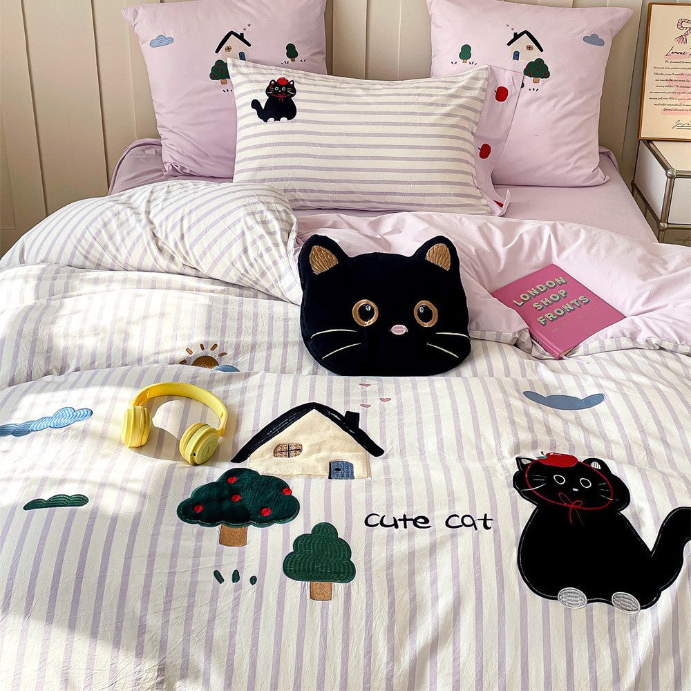 Playful Appliqué Cat Striped Duvet Cover Set with Matching Pillow Shams