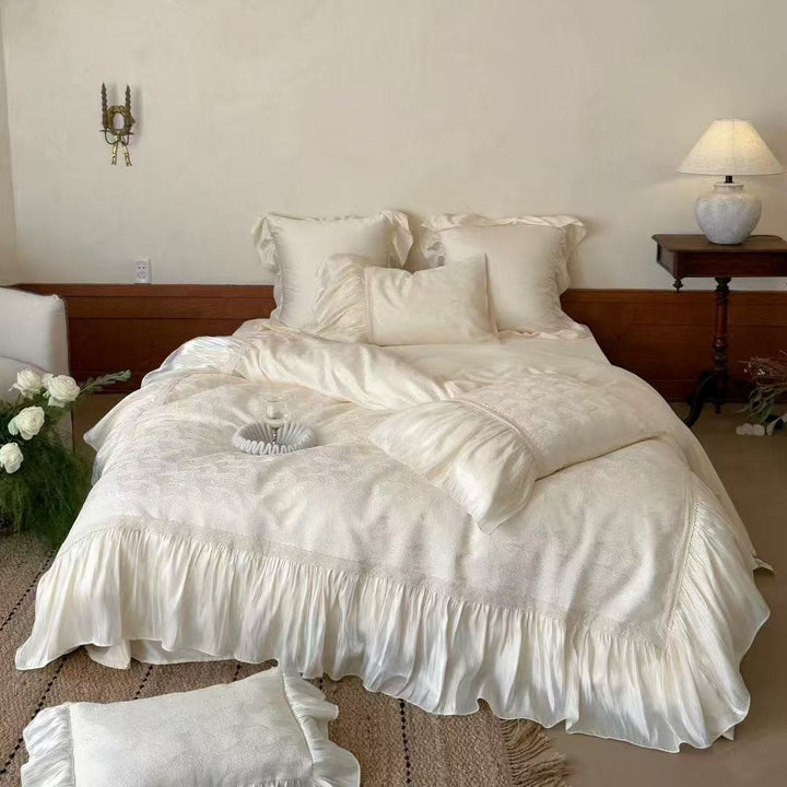 Elegant Ruffled Jacquard Satin-Trim Duvet Cover & Pillow Sham Set