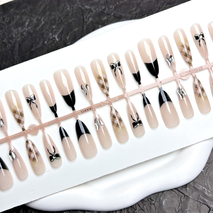 Elegant Press-On Nail Art Set with Stylish Bow and Geometric Designs