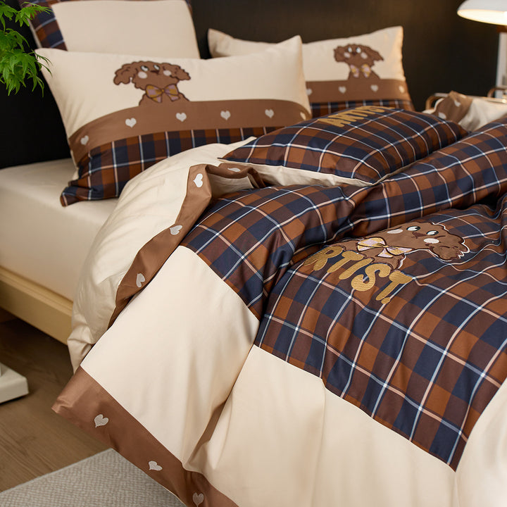 Plaid Cotton Sateen Duvet Cover Set with Embroidered Cartoon Dog and Matching Pillow Shams