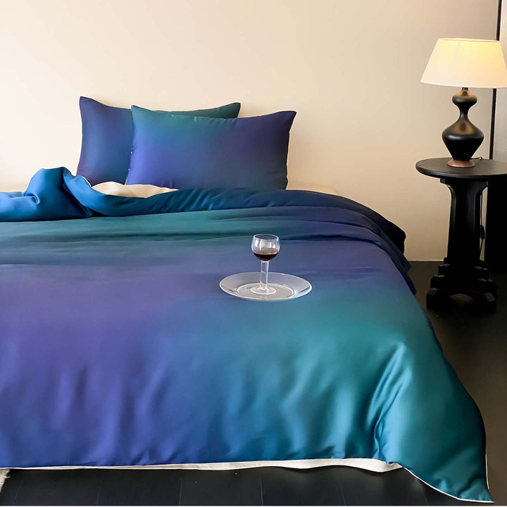 Gradient Satin-Feel Reversible Duvet Cover Set with Hidden Closure & Corner Ties