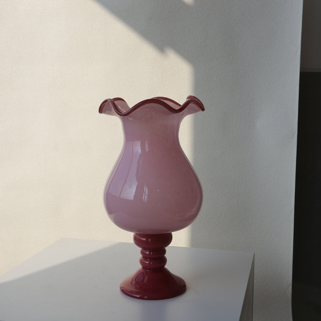 Decorative Ruffled Glass Table Vase with Turned Pedestal Stornfield