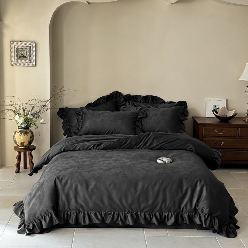 Ruffled Jacquard Cotton Duvet Cover Set with Embossed Floral Motif and Matching Pillow Shams