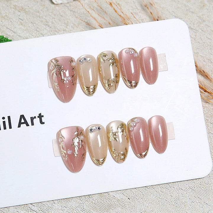 Artificial Nail Set with Elegant Gold Accent and Rhinestone Decorations Stornfield