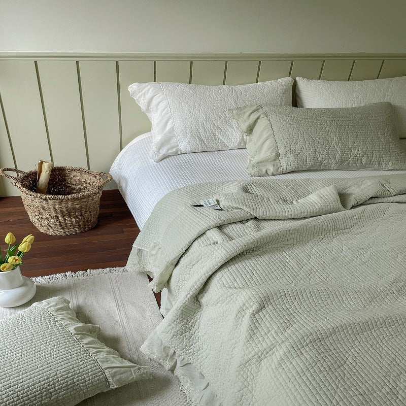 Quilted Washed Linen Bedspread Set with Frayed Lace Edge and Matching Pillow Shams