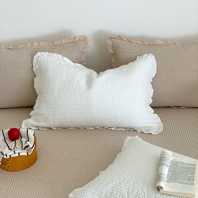 Waffle-Texture Ruffled-Hem Bedspread and Quilted Pillow Sham Set