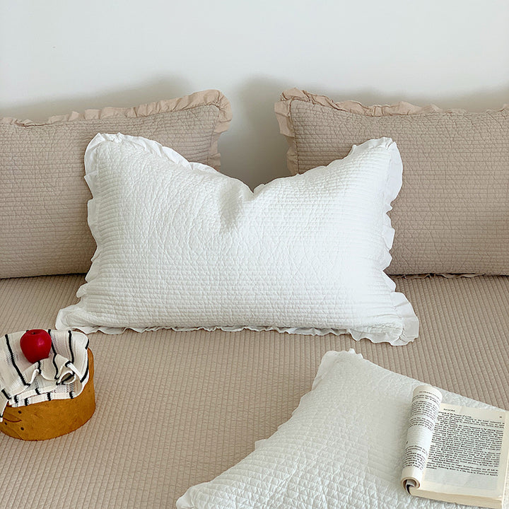 Waffle-Texture Ruffled-Hem Bedspread and Quilted Pillow Sham Set