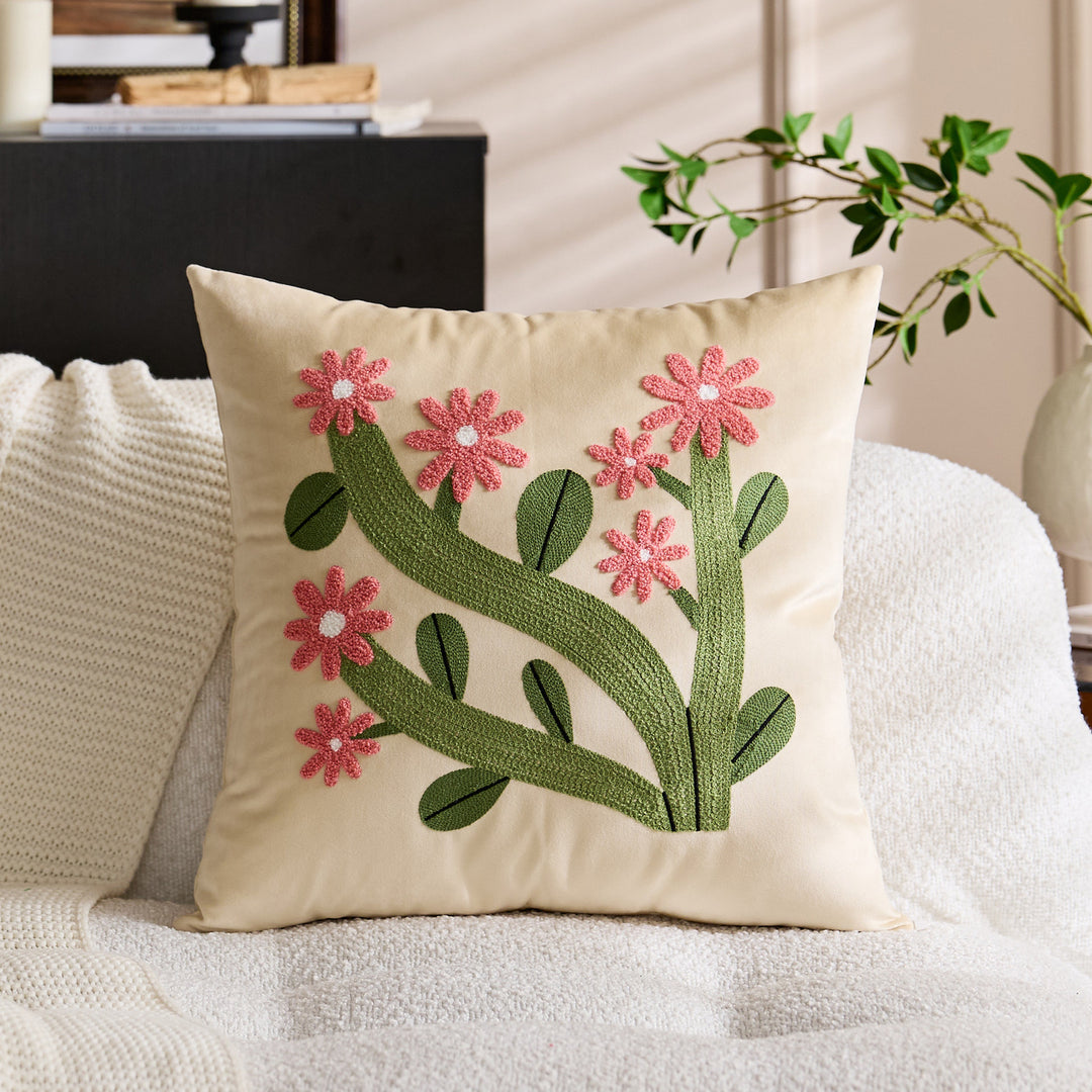 Square Velvet Tufted Floral Chenille Appliqué Accent Pillow Cover