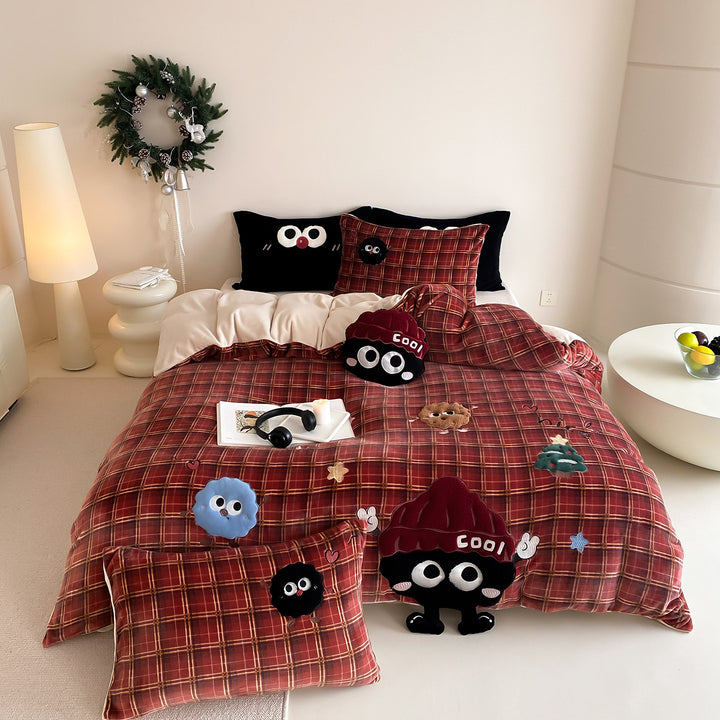 Plaid Embroidered Cartoon Appliqué Duvet Cover Bedding Set
