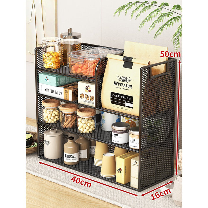 Metal Mesh Countertop Pantry Organizer with Multi-Tier Shelves and Vertical Bag Compartment