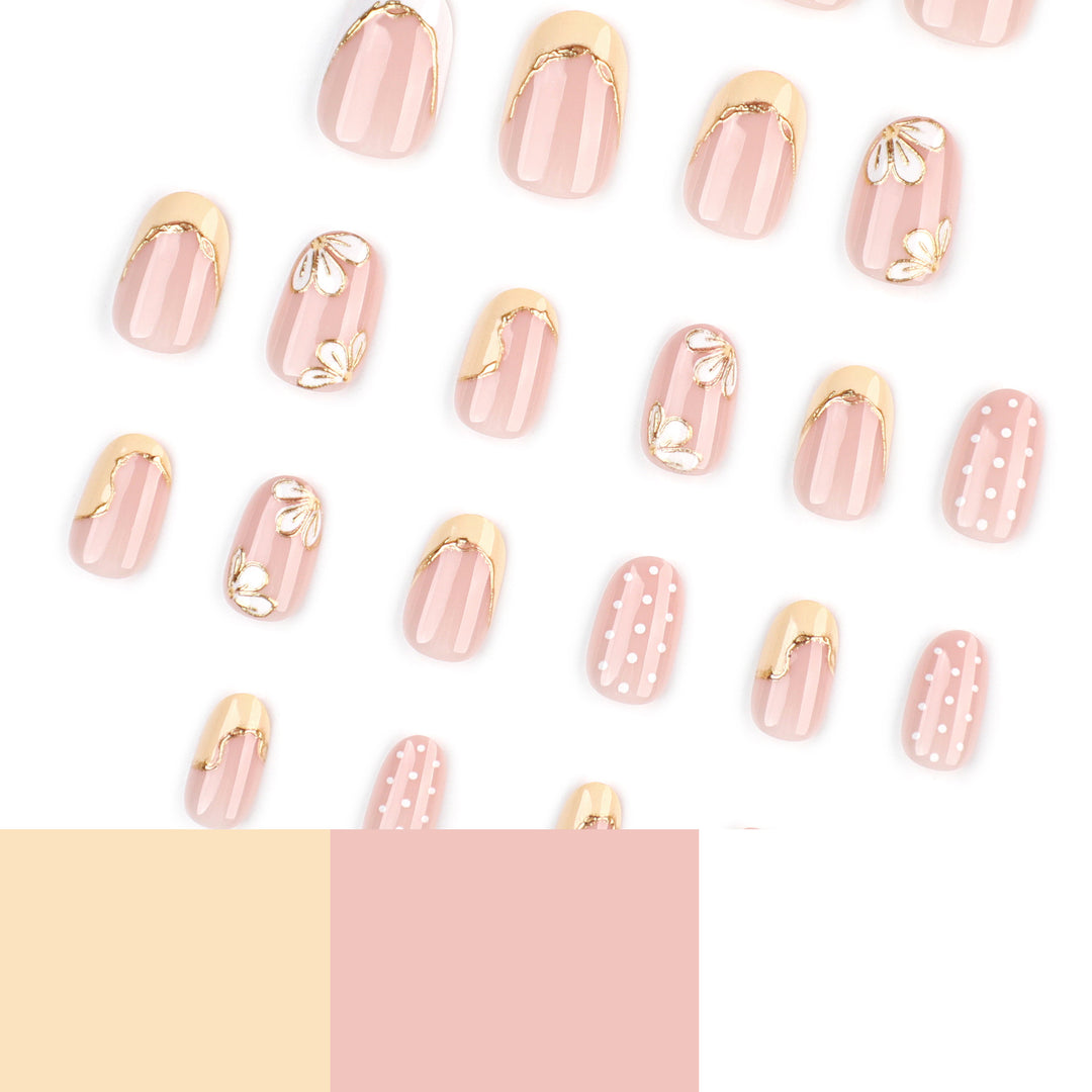 Artful Nail Extensions with Floral Design and Elegant Gold Accents Stornfield