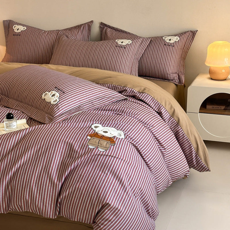 Green Striped Cotton-Rich Duvet Cover Set with Embroidered Koala and Reversible Brown Lining