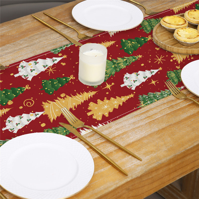 Festive Printed Cotton Linen Table Runner with Holiday Ornament Motif and Merry Christmas Script