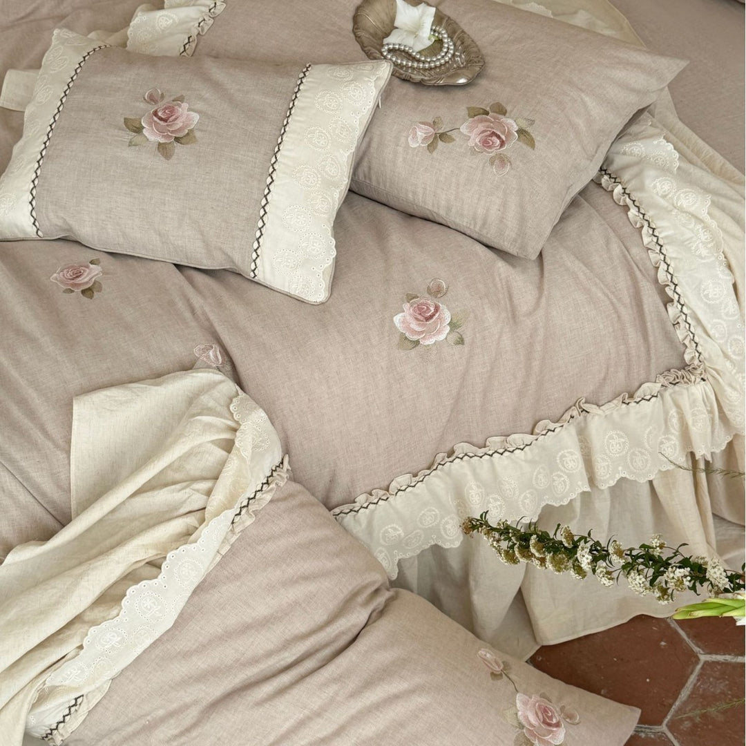 Ruffled Embroidered Rose Cotton-Linen Duvet Cover Set with Bed Skirt & Decorative Shams