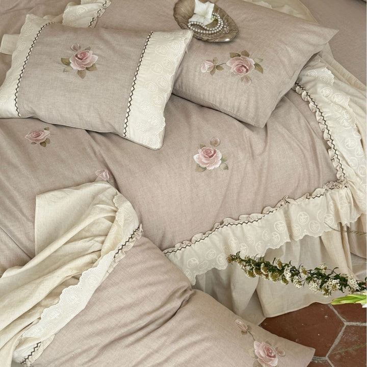 Ruffled Embroidered Rose Cotton-Linen Duvet Cover Set with Bed Skirt & Decorative Shams