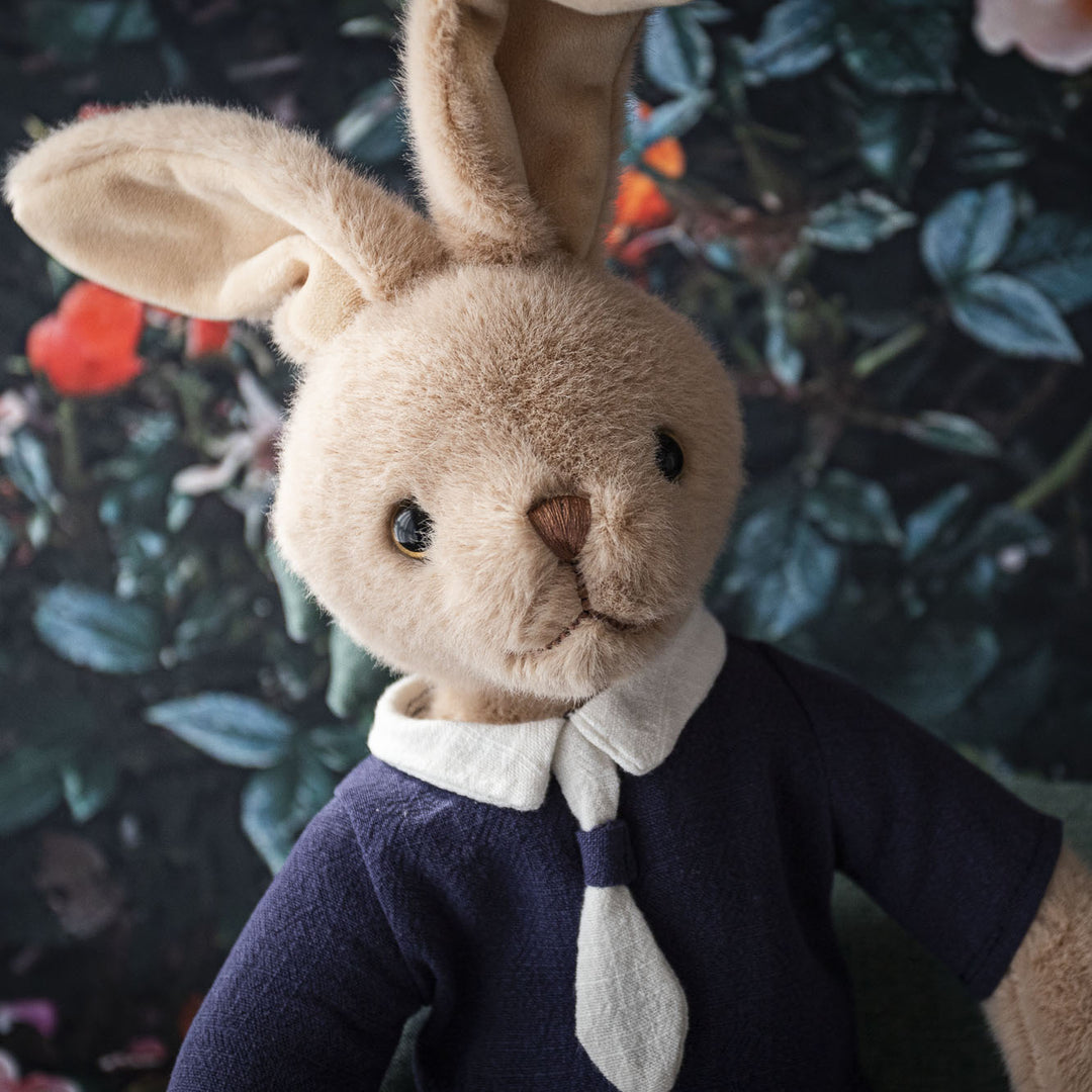 Plush Bunny Doll with Linen Outfit and Soft Fur