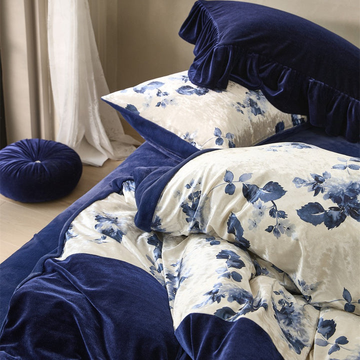 Velvet-Finish Reversible Comforter & Floral Panel Bed Ensemble
