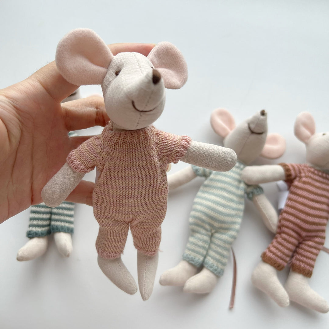 Artisan Linen Play Mouse Doll with Gingham Dress