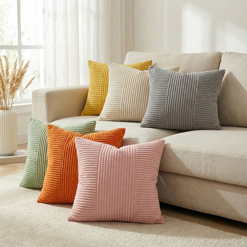 Ribbed Corduroy Square Throw Pillow Cover with Center Channel Texture and Hidden Zipper