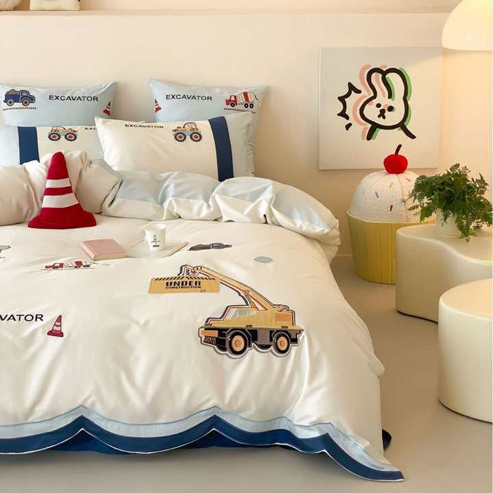 Construction-Themed Cotton Duvet Cover and Pillowcase Set with Truck Appliqué and Scalloped Hem
