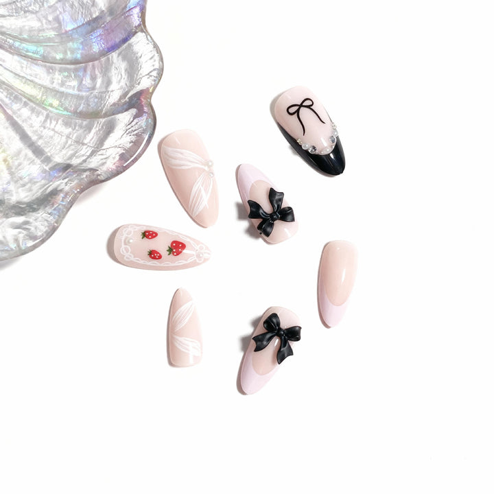 Artistic Press-On Nail Set with Bow and Berry Design Stornfield